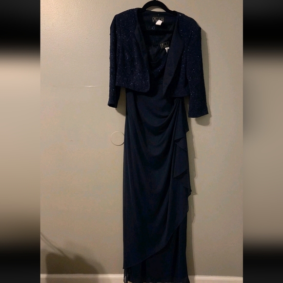 Alex Evenings Women's Navy Blue Sequin Lace Maxi Dress Formal Gown Set, Size 14 - Picture 2 of 8